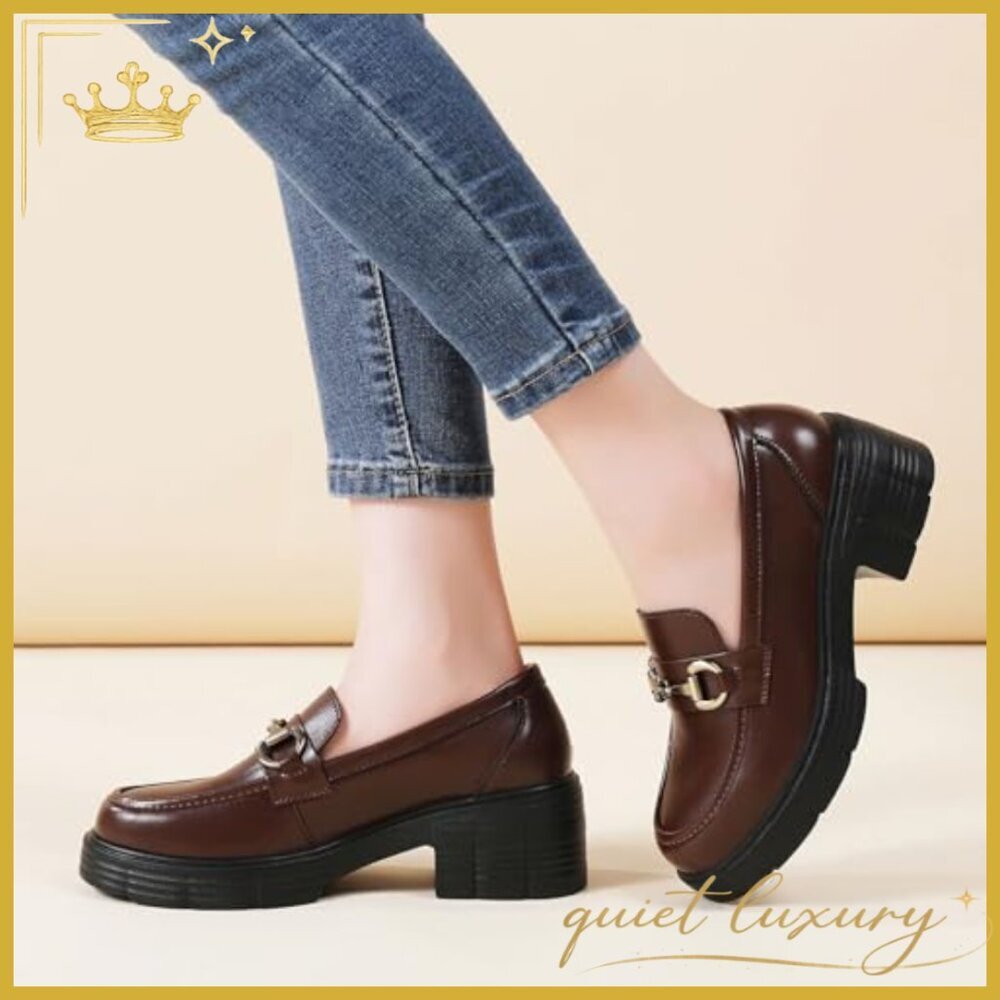 Leather Platform Loafers with Gold Buckle, Chunky Heel Slip-Ons - Picture 2 of 7